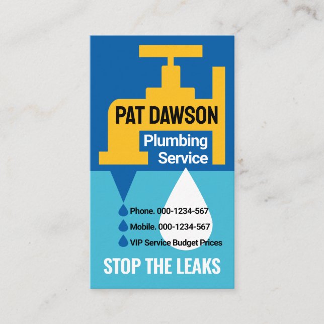 Yellow Faucet Leaking Water Business Card (Front)