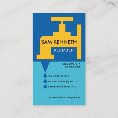 Yellow Faucet Leaking Water Plumbing Contractor Business Card