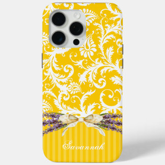 Yellow Faux Rhinstone Personalized Damask iPhone 15 Pro Max Case