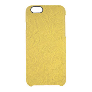 Yellow Faux Suede Leather-Embossed Floral Design Clear iPhone 6/6S Case