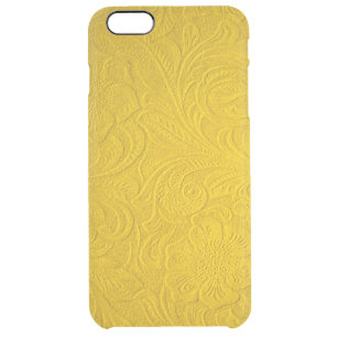 Yellow Faux Suede Leather-Embossed Floral Design Clear iPhone 6 Plus Case