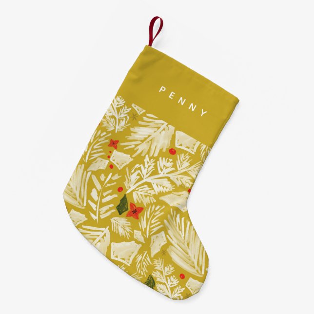 Yellow Festive Botanical Personalized Small Christmas Stocking (Front (Hanging))