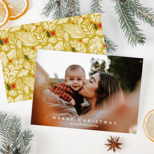 Yellow Festive Botanical Photo Holiday Card (Yellow Festive Botanical Photo Holiday Christmas Card)