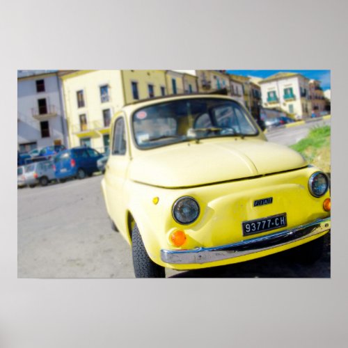 Yellow Fiat 500 vintage Cinquecento in Italy Poster