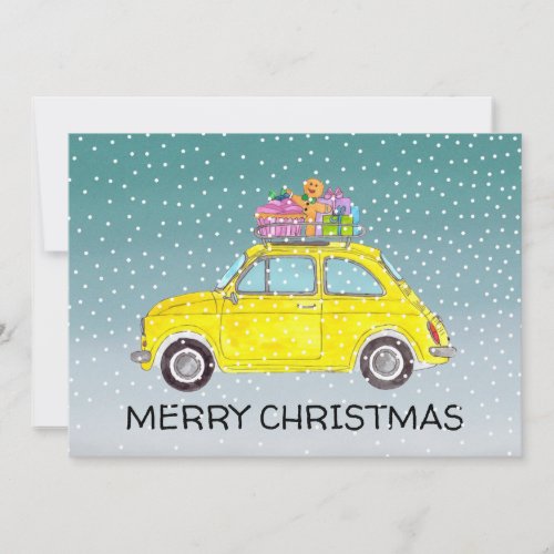 Yellow Fiat 500 with Christmas gifts Holiday Card