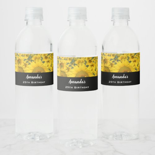 Yellow Field of Sunflowers Photograph Birthday Water Bottle Label