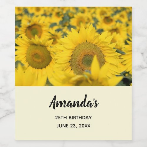 Yellow Field of Sunflowers Photograph Birthday Wine Label