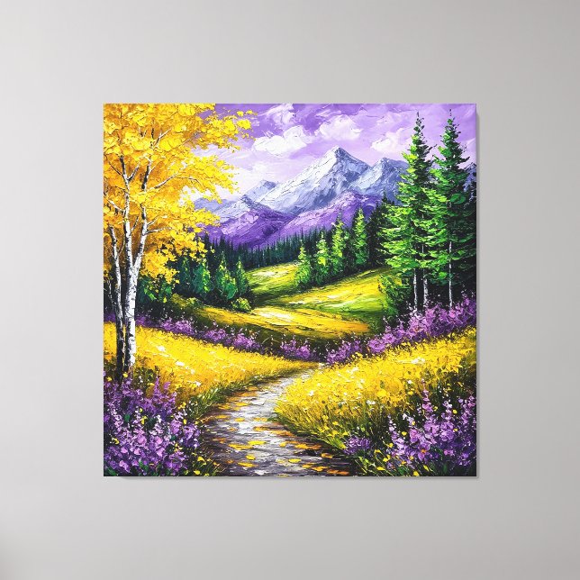 Yellow Fields, Flowers,Snow-Capped Mountains Canvas Print (Front)