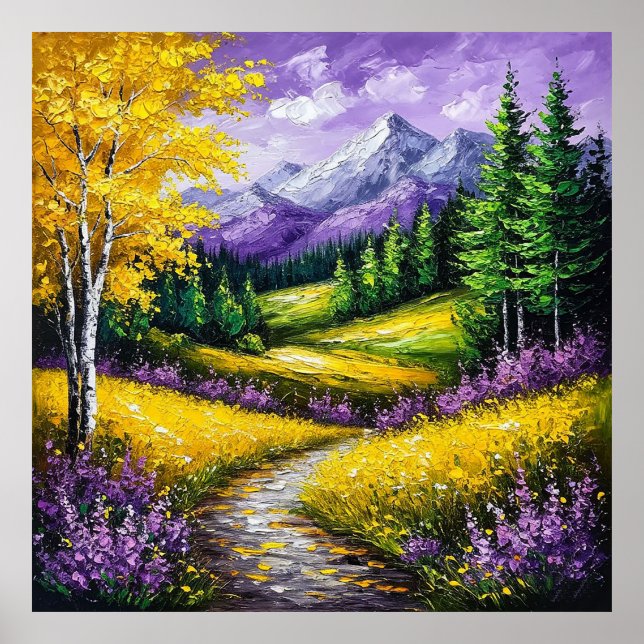 Yellow Fields, Flowers,Snow-Capped Mountains Poster (Front)
