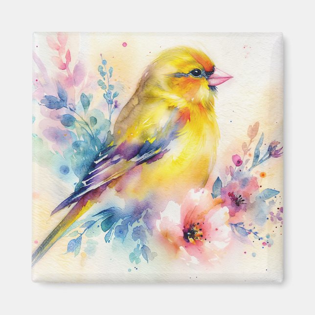 Yellow Finch Floral Bird Watercolor Art Magnet (Front)