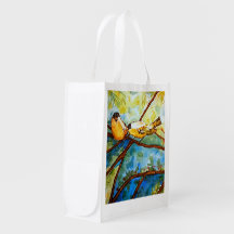 Yellow Finches Watercolor Art Reusable Market Tote