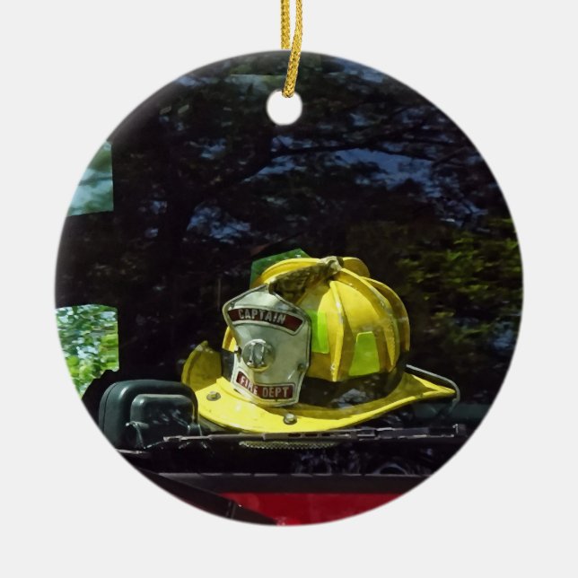 Yellow Fire Captain's Helmet Ceramic Ornament (Front)