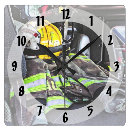 Yellow Fire Helmet In Fire Truck Square Wall Clock