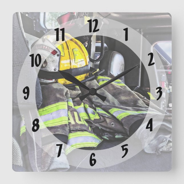 Yellow Fire Helmet In Fire Truck Square Wall Clock (Front)