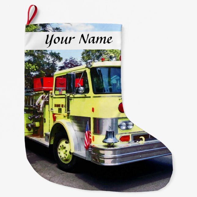 Yellow Fire Truck Large Christmas Stocking (Front)