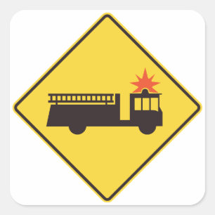 Yellow Fire Truck Warning Sign Square Sticker