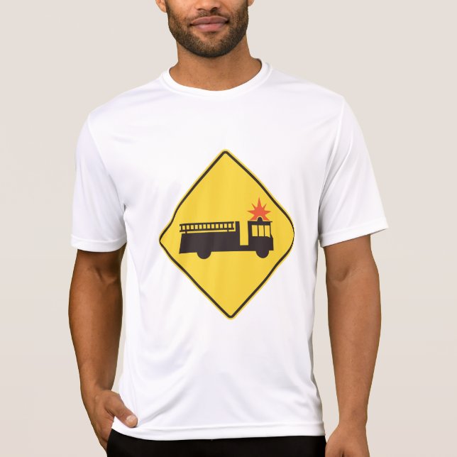 Yellow Fire Truck Warning Sign T-Shirt (Front)