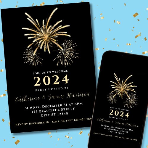 Yellow Fireworks Black New Years Eve Party Invitation