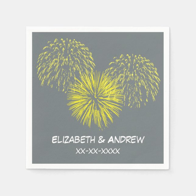 Yellow Fireworks, Charcoal BG, Name Monogram Paper Napkins (Front)