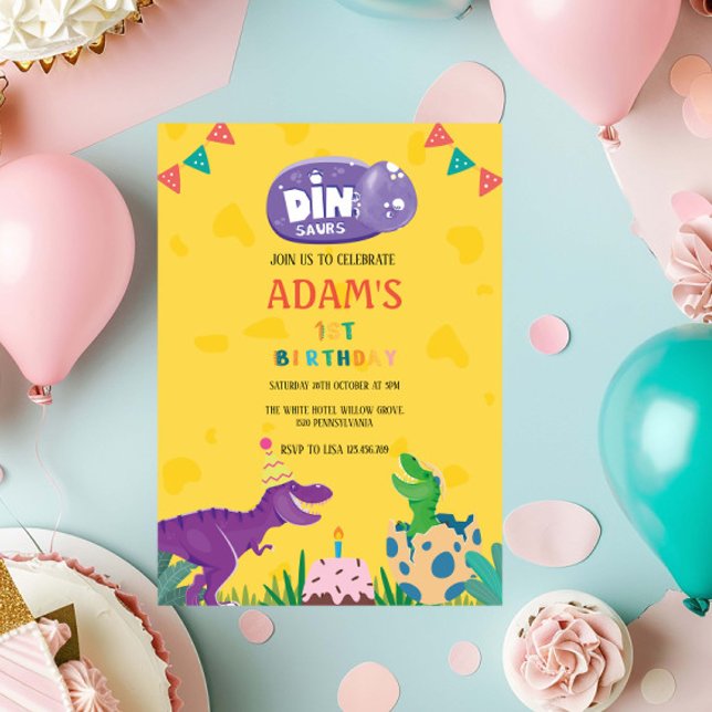 Yellow First 1st Birthday Green & Purple Dinosaur Invitation (Creator Uploaded)