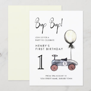 Yellow First Birthday Vintage Race Car Invitation
