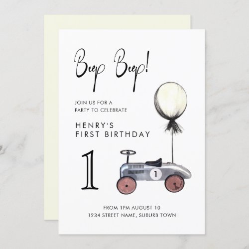 Yellow First Birthday Vintage Race Car Invitation