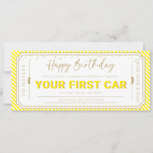 Yellow First Car Birthday Gift Voucher Card