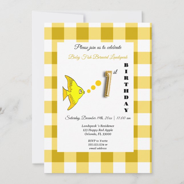 Yellow Fish & Gingham Gold Balloon 1st Birthday Invitation (Front)