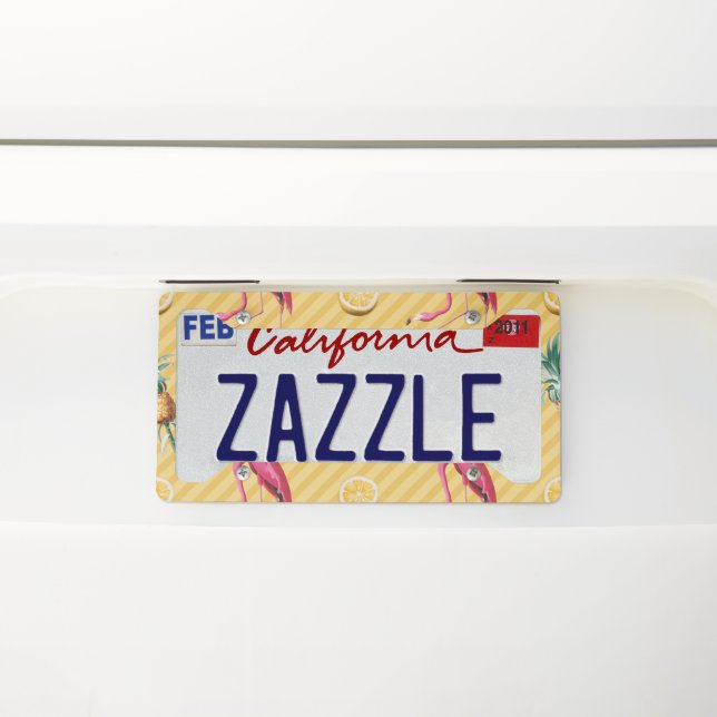 Yellow Flamingo Mango Lemon Pattern License Plate Frame (On Car)