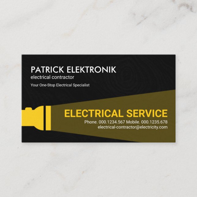 Yellow Flashlight Black Night Grunge Electrician Business Card (Front)