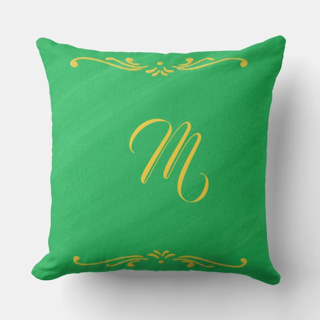 Yellow Fleur De Lis and Monogram on Green Pillows (Front)