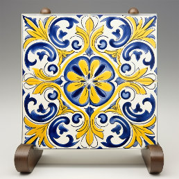 Yellow Fleur-de-Lis Azulejo Print Ceramic Tile