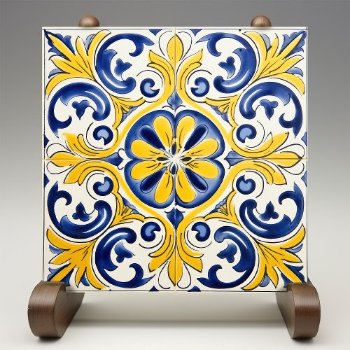 Yellow Fleur_de_Lis Azulejo Print Ceramic Tile