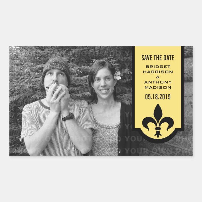 Yellow Fleur De Lis Banner Save the Date Stickers (Front)