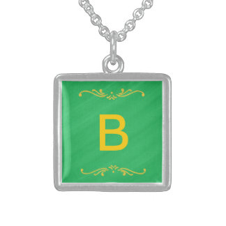 Yellow Fleur De Lis Border Green Monogram Necklace