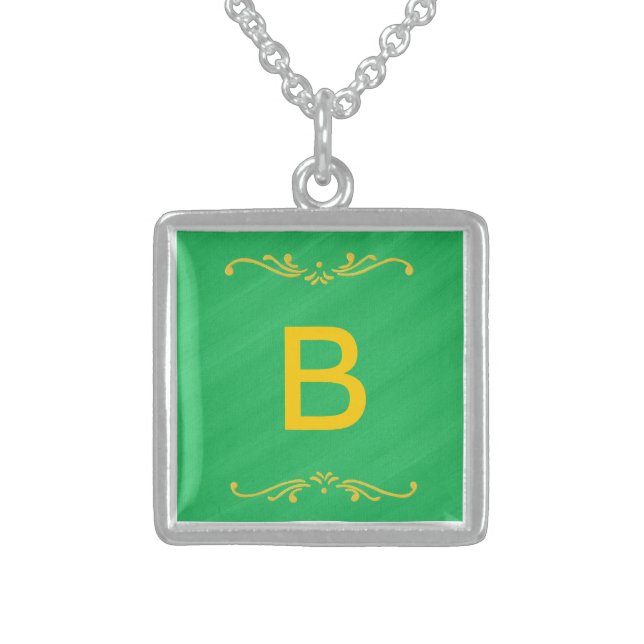 Yellow Fleur De Lis Border Green Monogram Necklace (Front)