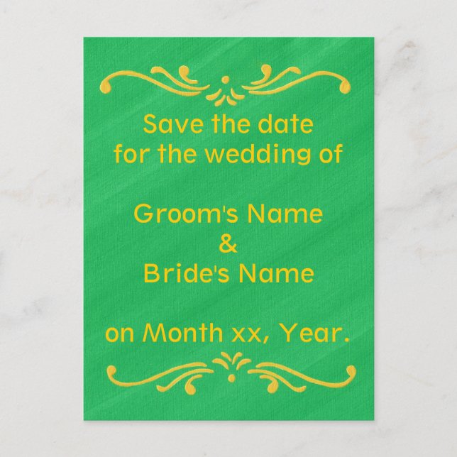 Yellow Fleur De Lis, Green Save the date Postcards (Front)
