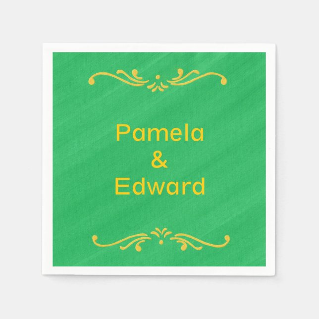 Yellow Fleur de lis on Green Personalized Napkins (Front)