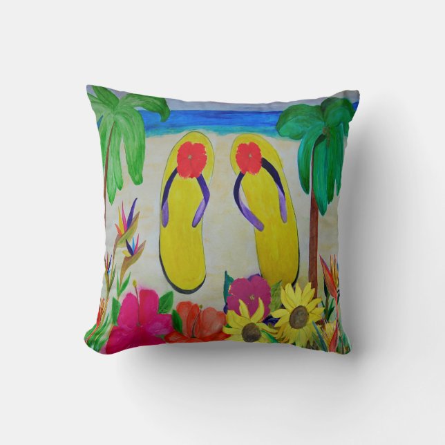 Yellow flip flops and flowers throw pillow (Front)