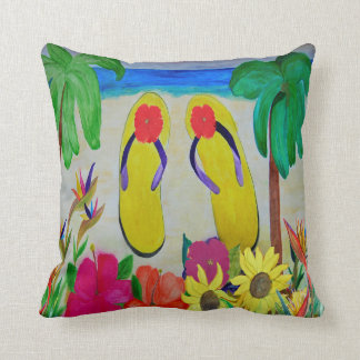 Yellow flip flops and flowers throw pillow