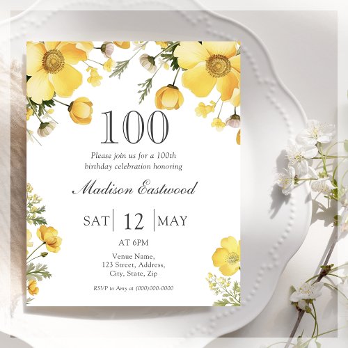 Yellow Floral 100th Birthday Budget Invitation