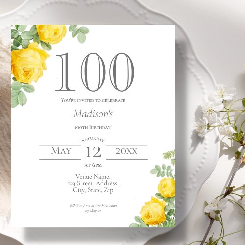 Yellow Floral  100th Birthday Budget Invitation