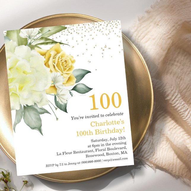 Yellow Floral 100th Budget Birthday Invitation (Creator Uploaded)