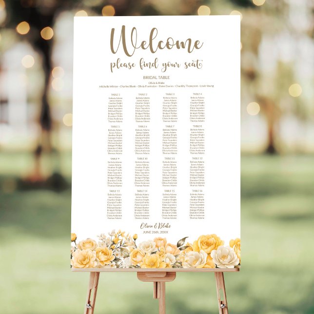 Yellow Floral 16 Table Wedding Seating Chart Foam Board (Creator Uploaded)