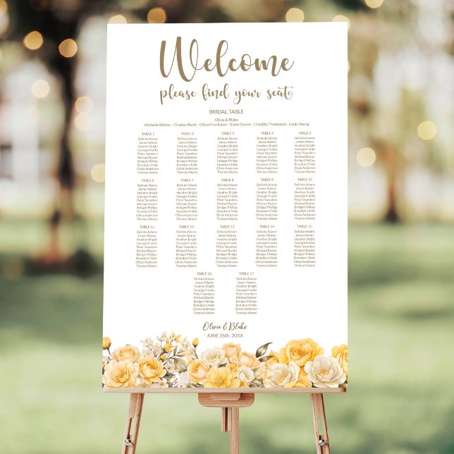 Yellow Floral 17 Table Wedding Seating Chart Foam Board (Creator Uploaded)