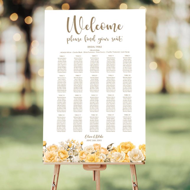Yellow Floral 20 Table Wedding Seating Chart Foam Board (Creator Uploaded)