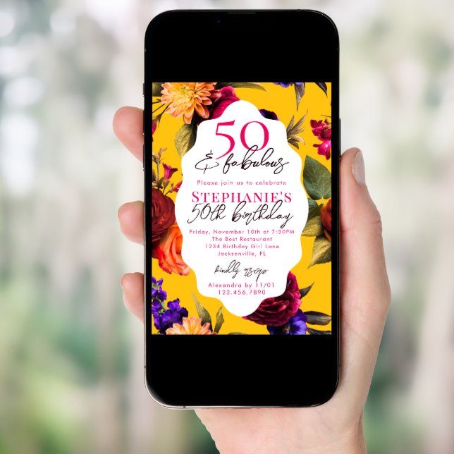 Yellow Floral 50 & Fabulous 50th Birthday Party Invitation (Front Digital)