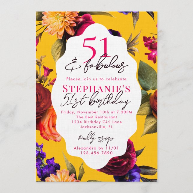 Yellow Floral 51 & Fabulous 51st Birthday Party Invitation (Front)