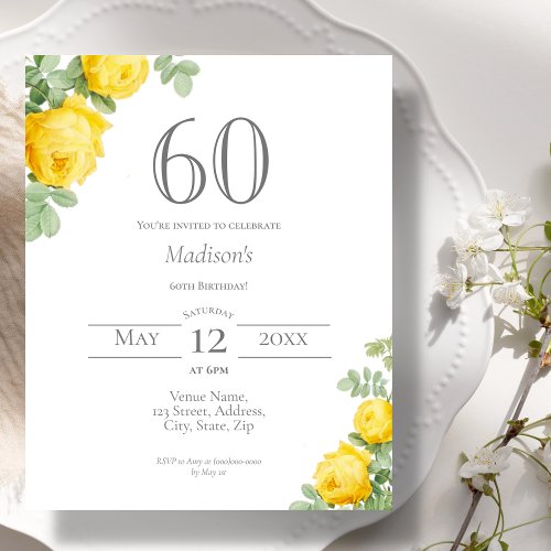 Yellow Floral  60th Birthday Budget Invitation