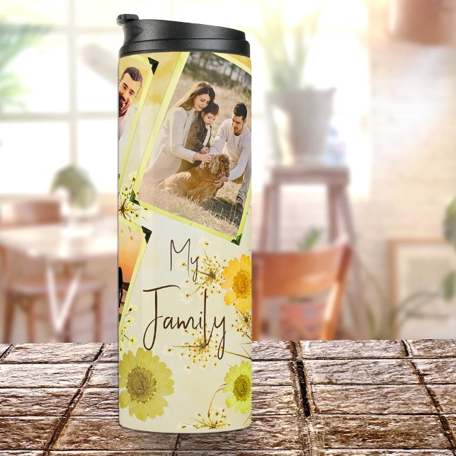 Yellow Floral 6 Photos Collage & Custom Text Thermal Tumbler (Creator Uploaded)